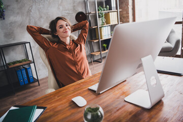 Photo of pretty young girl sleepy relax done work wear brown silk shirt coworking successful nice...