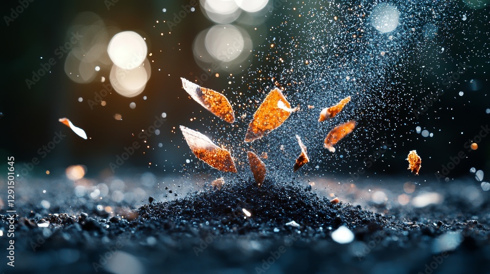 Poster shattered fragments exploding in the air outdoor setting abstract art dynamic environment close-up v