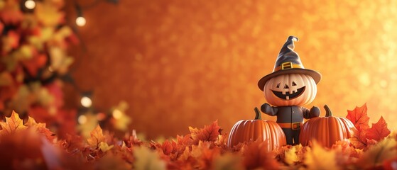 Small figurine placed on a colorful pile of leaves in a natural outdoor setting
