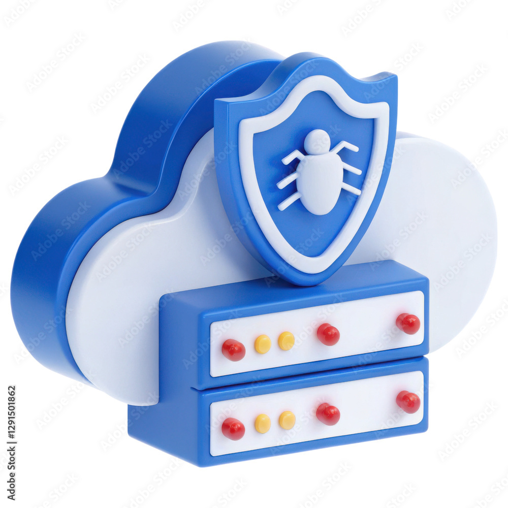 Poster a stylized cloud shape featuring a shield with a spider icon, symbolizing cybersecurity and protecti