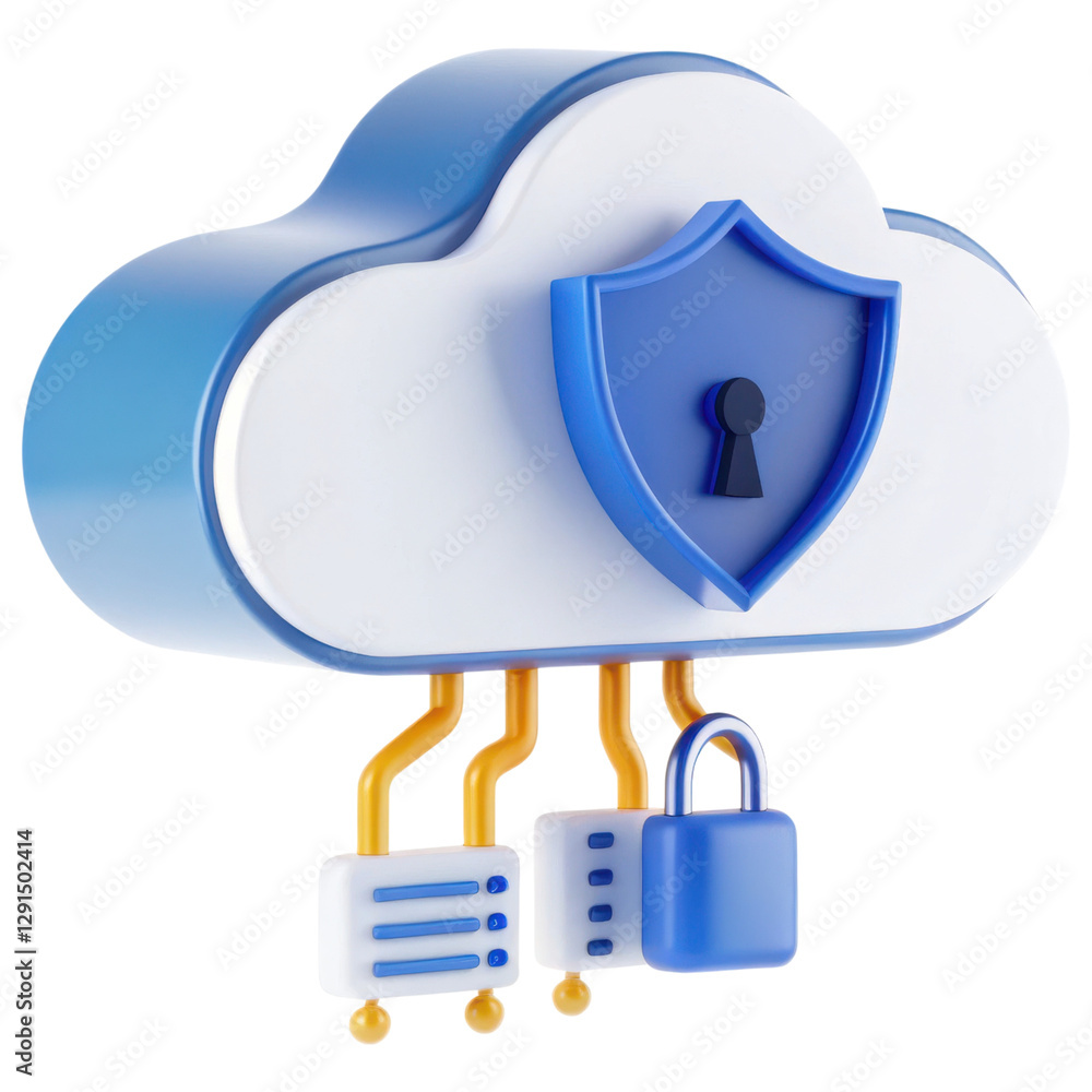 Poster a stylized cloud with a shield and locks, symbolizing security and protection in cloud computing.