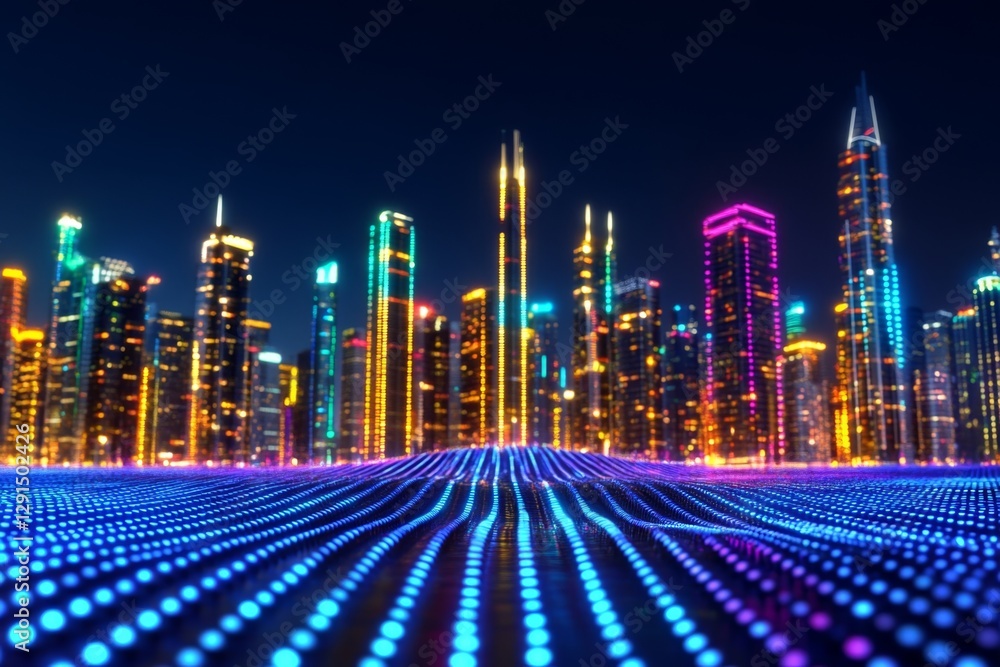 Aufkleber Smart city and abstract dot point connect with gradient line and aesthetic Intricate wave line design , big data connection technology concept