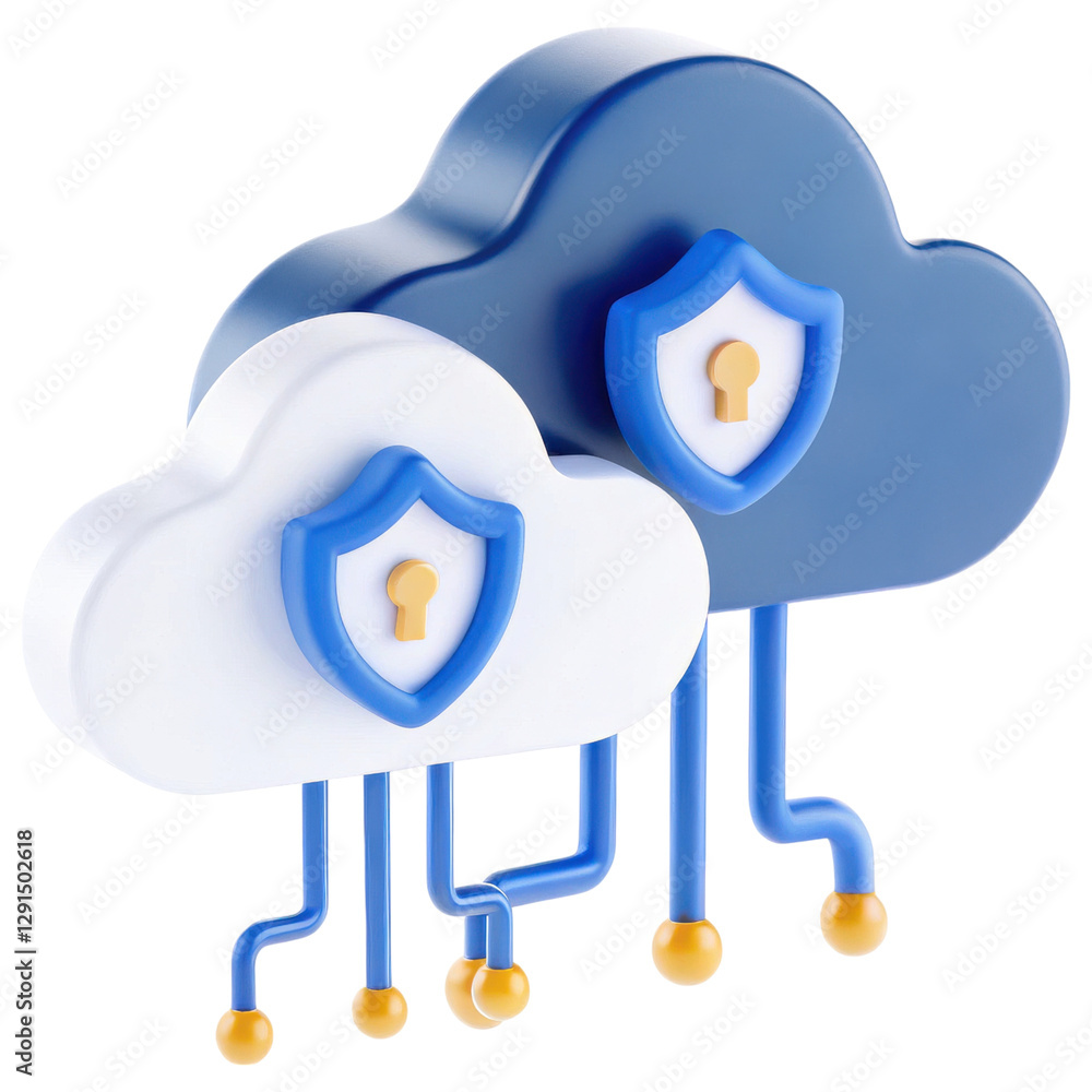 Aufkleber two stylized clouds with security shields, emphasizing data protection and cloud computing.