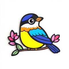 Fototapeta premium Colorful Cartoon Bird Sitting on a Branch with Pink Flowers Against a White Background
