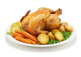 roasted chicken with potatoes and vegetables, a white circular plate of a traditional roast chicken with roast potatoes, roast carrots, peas realistic food photography, isolated on a white background