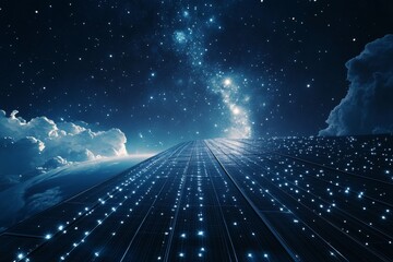 Triangular solar panel array with fractal design glowing under starlight in earth s orbit