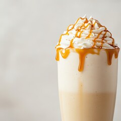 Creamy caramel beverage topped with whipped cream and drizzle