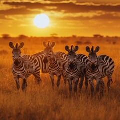 Fototapeta premium Four Zebras at Sunset in African Savanna