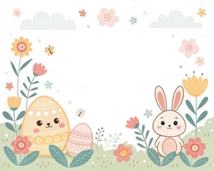 an illustration of Easter with a cute bunny, eggs, flowers, and butterflies, perfect for spring-themed projects. The illustration evokes joy and celebrates the season. 