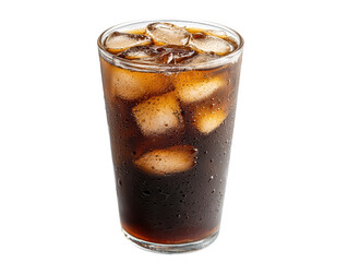 A glass of cola filled with ice cubes, showcasing condensation on the surface.