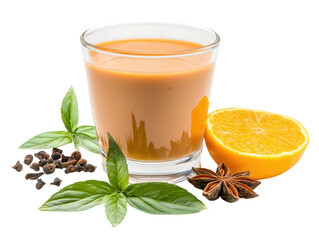 A glass of orange beverage accompanied by fresh herbs, a slice of orange, and spices like star anise and cloves.