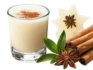 A creamy beverage garnished with cinnamon and star anise, accompanied by cinnamon sticks and green leaves.