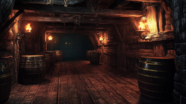 An old pirate ship's gunpowder storage with barrels