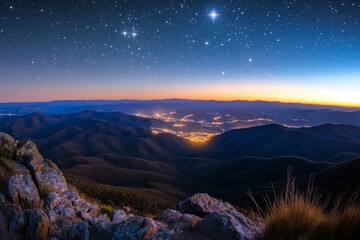 Obraz premium Breathtaking Night Sky Over Mountainous Landscape at Dusk