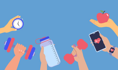 Hands holding fitness items promoting healthy lifestyle and wellness