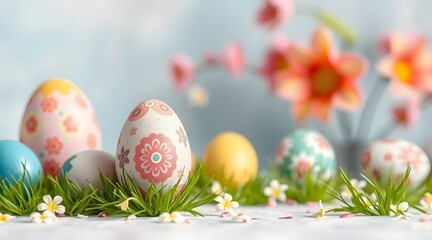 Fototapeta premium The image features beautifully decorated Easter eggs in vibrant colors, surrounded by green grass and delicate flowers, creating a cheerful and festive springtime scene. 