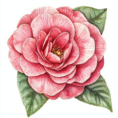 Elegant camellia flower illustration with delicate pink petals and green leaves, showcasing intricate details and vibrant colors, perfect for botanical art lovers