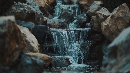 Obraz premium Water trickling over rocks in a small outdoor waterfall