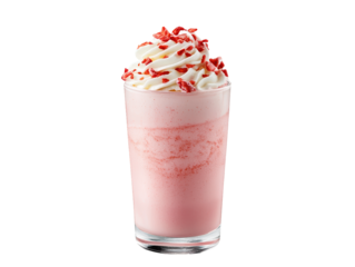 A creamy pink beverage topped with whipped cream and red sprinkles, served in a clear glass.