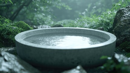 Fototapeta premium Rain fills stone basin, lush forest background; zen garden spa