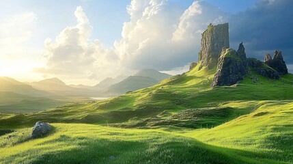 Sunlit Scottish highlands, dramatic rock formation, scenic valley, travel poster