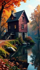 Obraz premium Old watermill, fiery autumn colors, tranquil setting , building, golden, image
