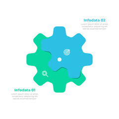 Modern and minimalistic business infographic with 2 interlocking gears in blue and green. Vector illustration.