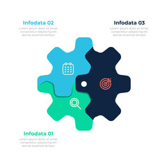 Modern and minimalistic business infographic with 3 interlocking gears in blue, navy Blue  and green. Vector illustration.