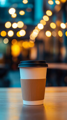 A coffee cup sits on top of an empty table, with blurred lights in the background
