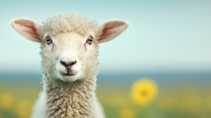 Fototapeta premium Lamb in field, sunny day, sunflowers, spring