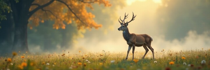 Fototapeta premium Proud deer strides through ethereal mist, showcasing its grace , peaceful, woods