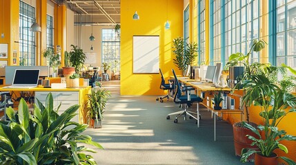 Sunny office, plants, desks, coworking space, design
