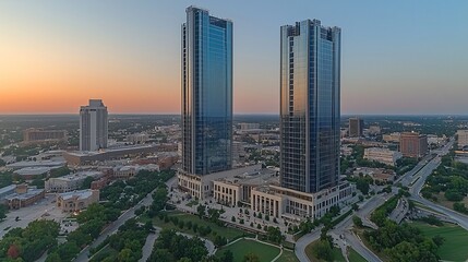 Obraz premium Sunrise city skyline, twin towers, urban park