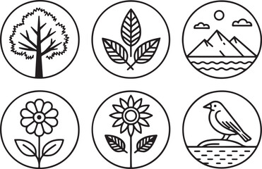 Nature themed vector illustration icons set. Natural scenario icon in flat outline and editable stroke line art.