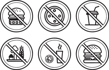 No entry food vector illustration icons set. Not allowed any foods icon in flat outline and editable stroke line art.
