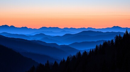 Obraz premium Sunset mountain range panorama, layered hills, peaceful evening