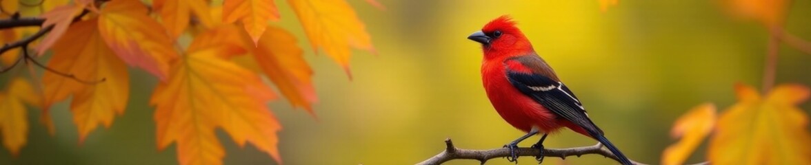 Fototapeta premium Scarlet tanager perched, orange & yellow leaves , woodland, colorful, natural