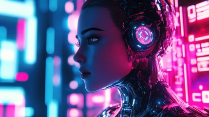 Digital animation futuristic AI characters, glowing cyberpunk aesthetics,