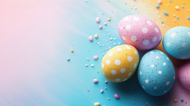 Decorated Easter eggs, pink, yellow and blue with white and colored polka dots, smooth texture, bright and airy environment, negative space on the left side