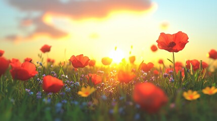 Fototapeta premium Sunset poppies field summer landscape, nature background