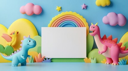 Two friendly dinosaurs and a bird presenting a blank canvas in a colorful, playful landscape with rainbow, clouds, and stars