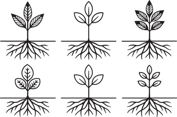 Plant root vector illustration icons set. Tree with deep roots icon in flat outline and editable stroke line art.