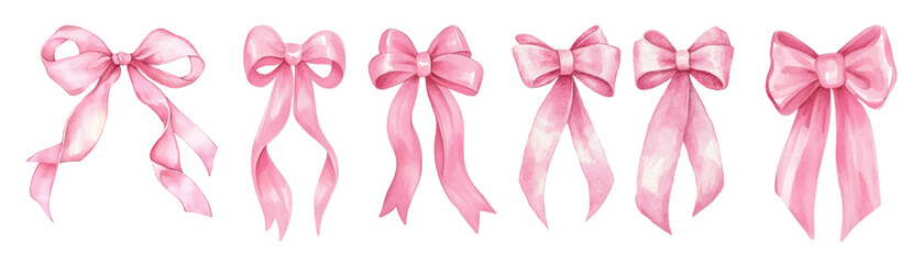 Watercolor set of pink bows png. Pink satin ribbon bows in different ways of tying. Elements for romantic decor, girlish hairstyles, etc. Vector illustration.