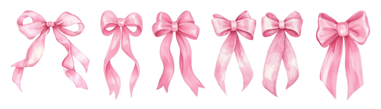 Watercolor set of pink bows png. Pink satin ribbon bows in different ways of tying. Elements for romantic decor, girlish hairstyles, etc. Vector illustration.