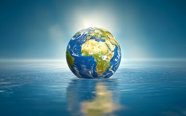 Fototapeta premium Earth globe floating on water, sunrise background; environmental concept