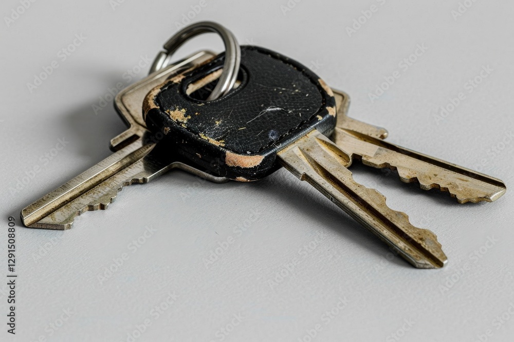 Poster a close-up of a set of keys on a gray surface, showcasing their worn and aged appearance, highlighti