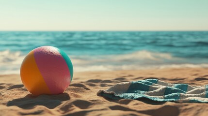 Obraz premium Colorful beach ball and a towel on the sand with ocean background scene