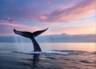 Fototapeta premium Majestic Whale Tail Emerging from the Calm Ocean at Sunrise