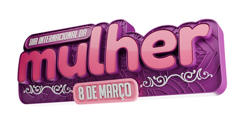 The image shows a 3D logo, a commemorative seal for International Women's Day on March 8th, with a floral purple background. The word 