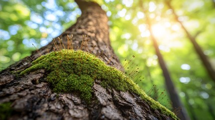 Fototapeta premium Lush Green Moss Growing on Tree Bark Enchanted Forest Nature Photography Bright Sunlight Close-up View Organic Beauty